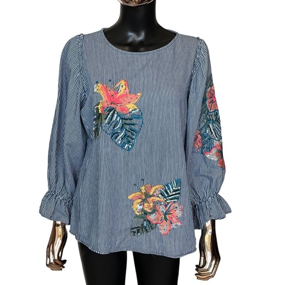 Zara Blue White Striped Embroidered Top Ruffle Sleeve Sequin Detail Medium - Picture 2 of 10